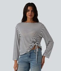 Boat Neck Long Sleeve Drawstring Hem Stripes Casual Top