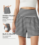 High Waisted 2-in-1 Stripe Waffle Casual Shorts 5'' with Pockets