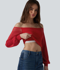 SoftlyZero™ Airy Off-Shoulder Long Sleeve Breathable Mesh Built-in Bra InstantCool Casual T-Shirt-UPF50+