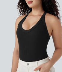 Ribbed Crisscross Back V-Neck Sleeveless Skinny Casual Bodysuit