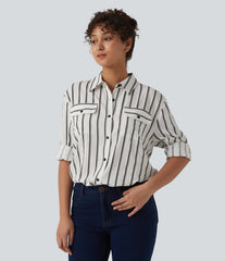Long Sleeve Stripe Casual Shirt with Pockets