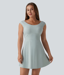 SoftlyZero™ Airy Boat Neck Backless Mini 2-in-1 InstantCool Dance Active Dress with Pockets-Easy Peezy-UPF50+