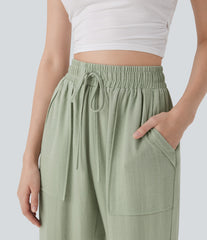High Waisted Drawstring Casual Tapered Linen-Feel Pants with Pockets