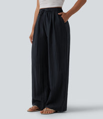 High Waisted Drawstring Linen Casual Baggy Pants with Pockets