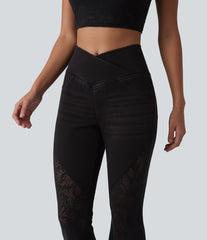 Halara Flex™ High Waisted Tummy Control Crossover Contrast Lace Flare Casual Jeans with Pockets
