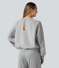 Round Neck Long Sleeve Cut Out Casual Sweatshirt with Pockets
