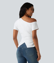 SoftlyZero™ Airy One-Shoulder Ruched Split Built-in Bra InstantCool Casual T-Shirt