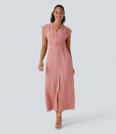 Deep V Neck Cap Sleeve Ruched Maxi Linen-Feel Dress with Pockets
