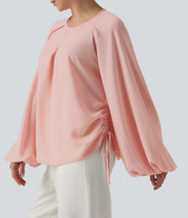 Round Neck Long Sleeve Drawstring Casual Shirt