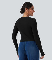 Scoop Neck Long Sleeve Thumb Hole Casual Wool-Blend Top