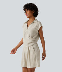 Cap Sleeve Ruched Casual Linen-Feel Shirt
