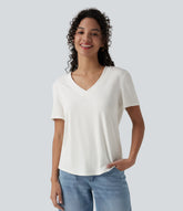 V Neck Short Sleeve Curved Hem Casual T-Shirt