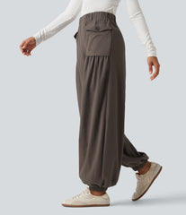 High Waisted Ruched Stacked Baggy Casual Linen-Feel Joggers with Pockets