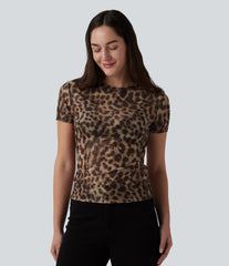 Round Neck Short Sleeve Leopard Print Casual T-Shirt