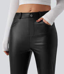 Mid Rise Stretchy PU Fleece 7/8 Casual Tapered Pants with Pockets