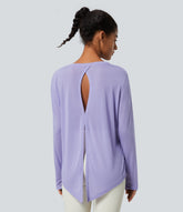 Round Neck Long Sleeve Cut Out Tie Back Yoga Sports Top