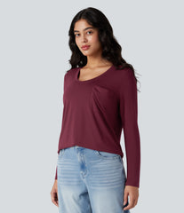 V-neck Long Sleeve Curved Hem Relaxed Casual T-Shirt with Pocket