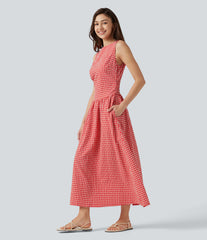 Boat Neck Sleeveless Gingham Midi Casual Dress with Pockets
