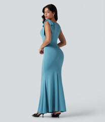 Boat Neck Sleeveless Mermaid Hem Sheen Maxi Dress