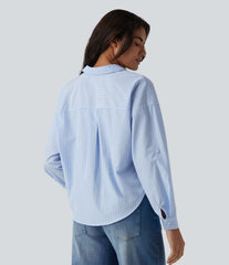 Collar Roll Up Sleeve Twisted High Low Stripes Casual Shirt