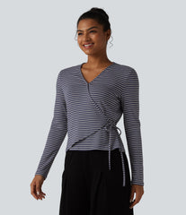 Ribbed Knit Stripes Deep V-Neck Long Sleeve Wrapped Tie-side Casual Top