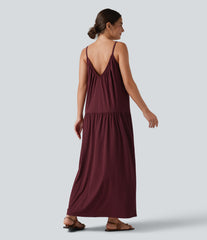 V-neck Split Hem Maxi Flowy Resort Slip Dress