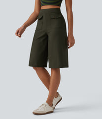 Ribbed Knit High Waisted Pedal Pushers Quick Dry Casual Wide Leg Pants with Flap Pockets-UPF50+