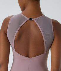 Round Neck Sleeveless Contrast Mesh Dance Jumpsuit
