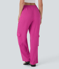 High Waisted Drawstring Wide Leg Cargo Casual Cotton Pants with Pockets