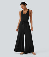 U Neck Racerback Drawstring Casual Jumpsuit with Pockets