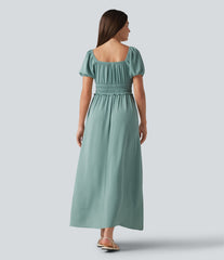 Square Neck Puff Sleeve Shirred Built-in Bra Maxi Casual Flowy Linen-Feel Dress with Pockets