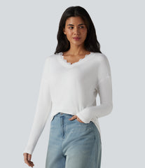 Lace V Neck Long Sleeve Casual Top