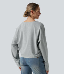 Halara Cotton Jersey V-neck Dropped Shoulder Long Sleeve Casual T-Shirt
