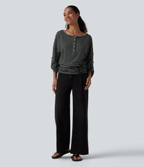 Henley Neck Long Sleeve Stripe Casual Top