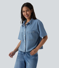 Halara Flex™ Short Sleeve Draped Lyocell Denim Casual Shirt with Pockets