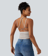 U Neck Built-in Bra Stripe Casual Tank Top