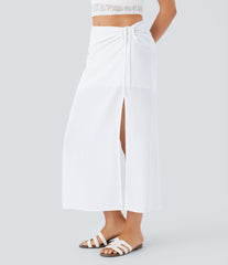 Mid Rise Drawstring Ruched 2-in-1 Midi Linen-Feel Skirt
