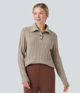Lapel Long Sleeve Cable Knit Relaxed Fit Work Wool-Blend Sweater