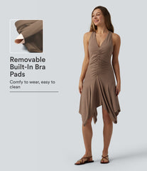 V Neck Ruched Racerback Asymmetric Hem Midi Casual Dress