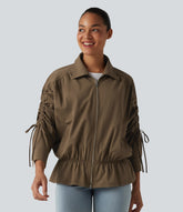Long Sleeve Drawstring Ruffle Hem Casual Jacket with Pockets