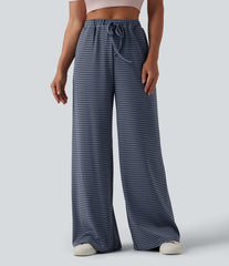 High Waisted Drawstring Stripes Casual Baggy Pants with Pockets