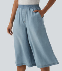 High Waisted Wide Leg Capri Casual Jeans with Pockets