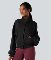 SpacerTek™ High-neck Batwing Sleeve Contrast Ribbed Workout Jacket with Pockets