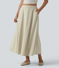 High Waisted Flowy Midi Denim Like Casual A-line Skirt with Pockets
