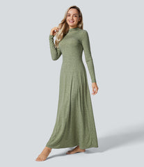 Funnel Neck Long Sleeve Flare Maxi Casual Dress
