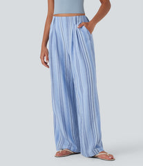 High Waisted Stripe Wide Leg Casual Linen-Feel Pants with Pockets