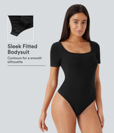 U Neck Short Sleeve Snap Skinny Work Bodysuit