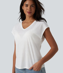 V Neck Short Sleeve Jacquard Casual T-Shirt