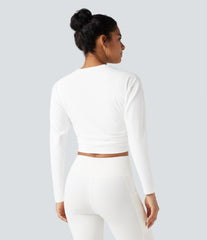 Round Neck Long Sleeve Ruched Cropped Yoga Sports Top