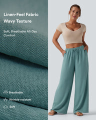 Mid Rise Drawstring Wide Leg Baggy Casual Linen-Feel Pants with Pockets